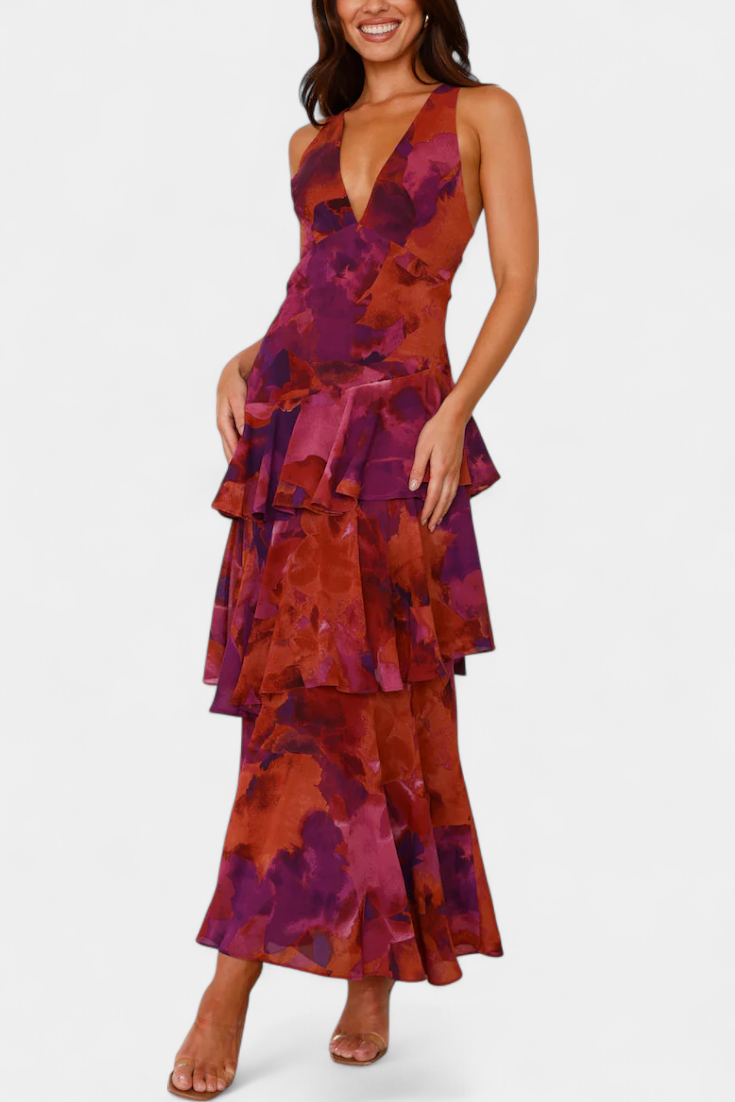 Robe longue mousseline décolleté en V couches superposées drapé fluide - Domenica