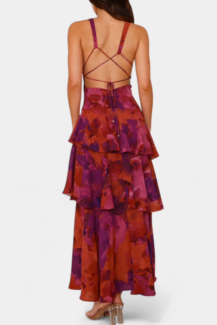 Robe longue mousseline décolleté en V couches superposées drapé fluide - Domenica