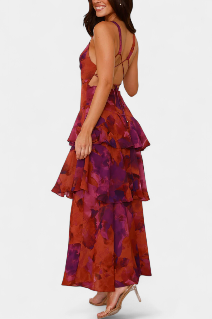 Robe longue mousseline décolleté en V couches superposées drapé fluide - Domenica