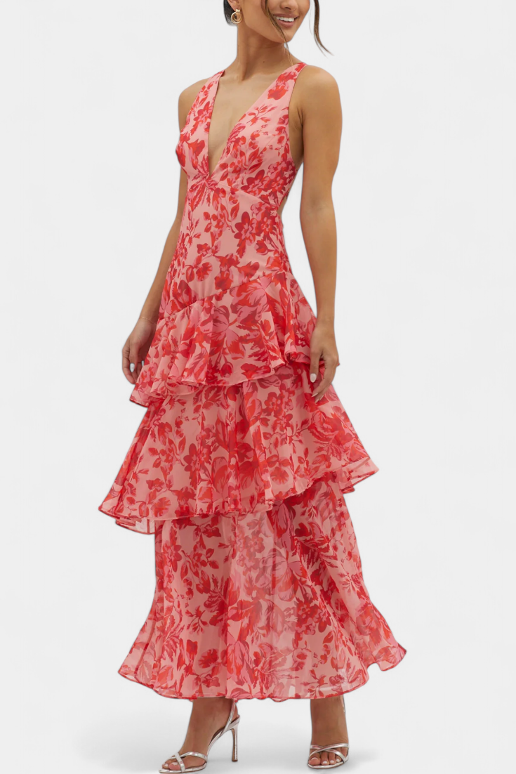 Robe longue mousseline décolleté en V couches superposées drapé fluide - Domenica