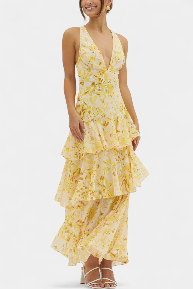 Robe longue mousseline décolleté en V couches superposées drapé fluide - Domenica