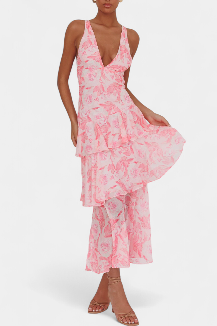 Robe longue mousseline décolleté en V couches superposées drapé fluide - Domenica