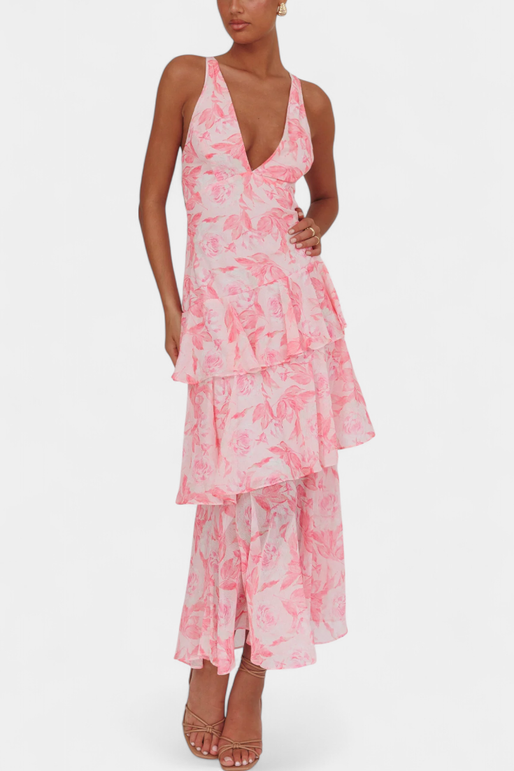 Robe longue mousseline décolleté en V couches superposées drapé fluide - Domenica