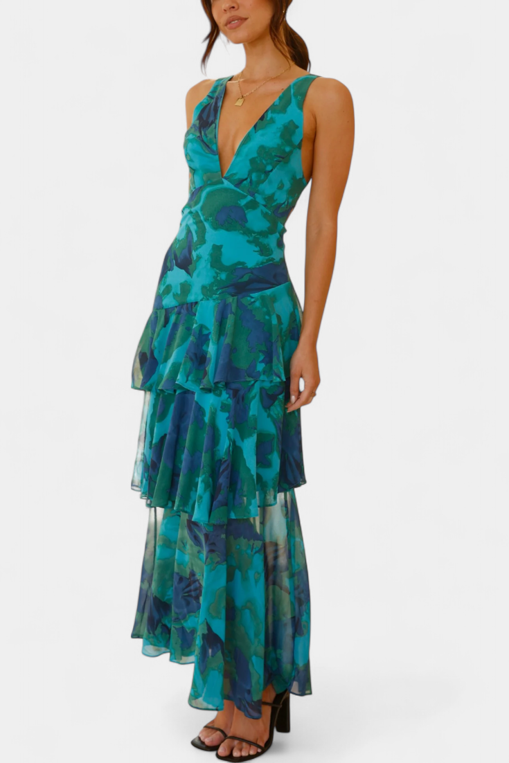 Robe longue mousseline décolleté en V couches superposées drapé fluide - Domenica