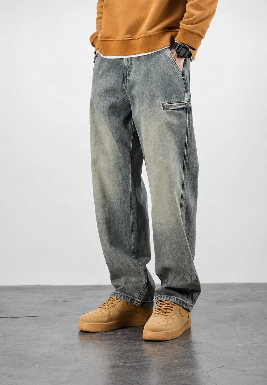 Jean homme coupe ample effet délavé jambe droite denim - Roderik
