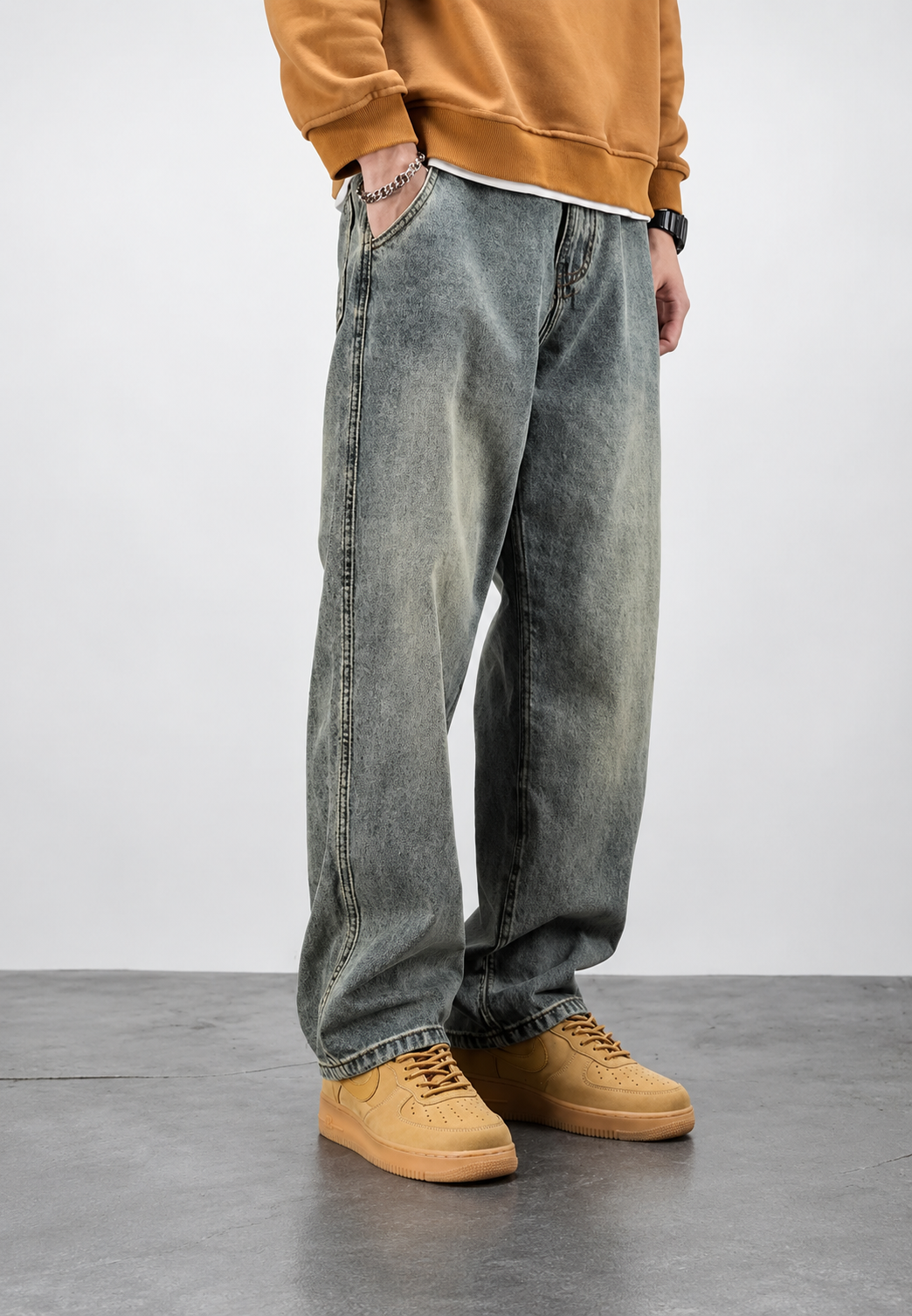Jean homme coupe ample effet délavé jambe droite denim - Roderik