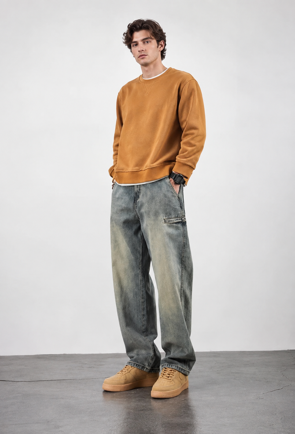 Jean homme coupe ample effet délavé jambe droite denim - Roderik