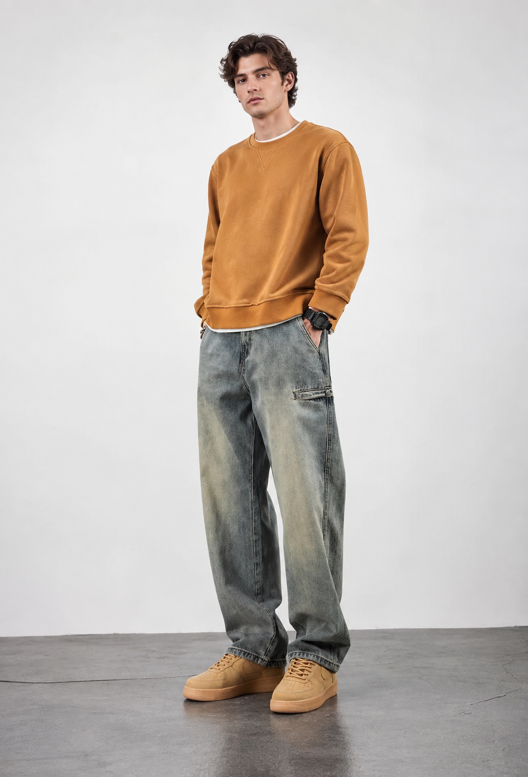 Jean homme coupe ample effet délavé jambe droite denim - Roderik