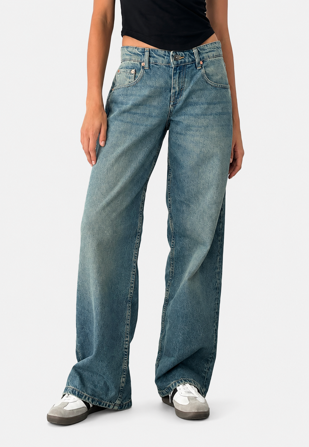 Jean droit femme taille basse effet délavé denim vintage - Ulla