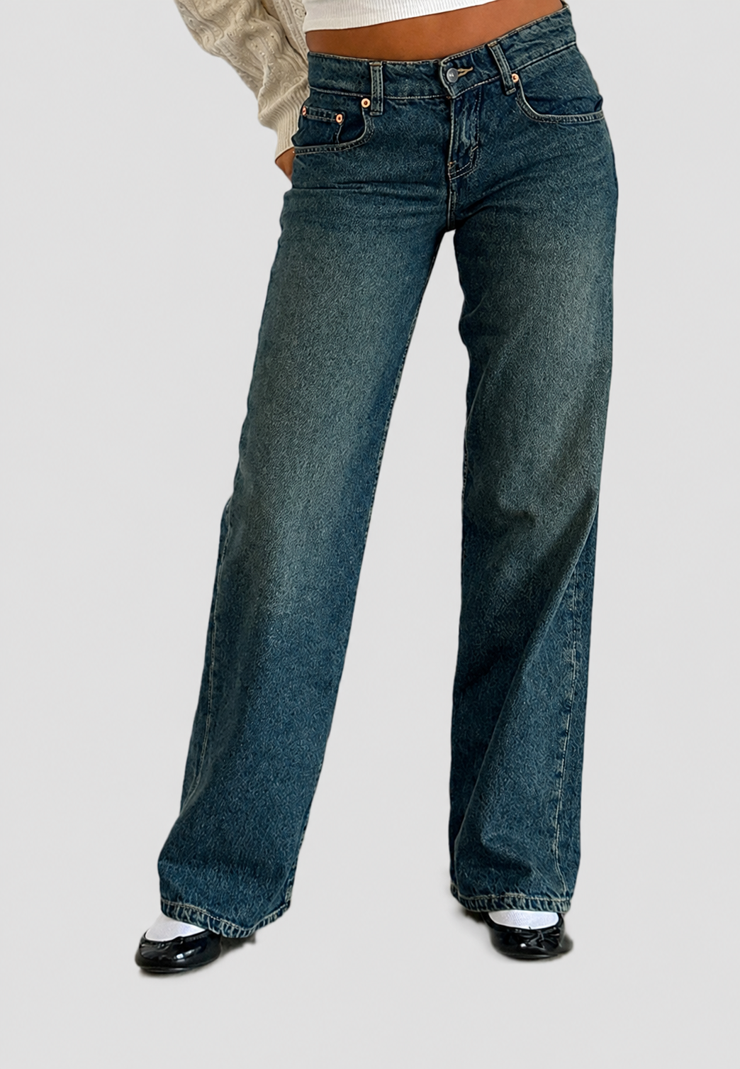 Jean droit femme taille basse effet délavé denim vintage - Ulla