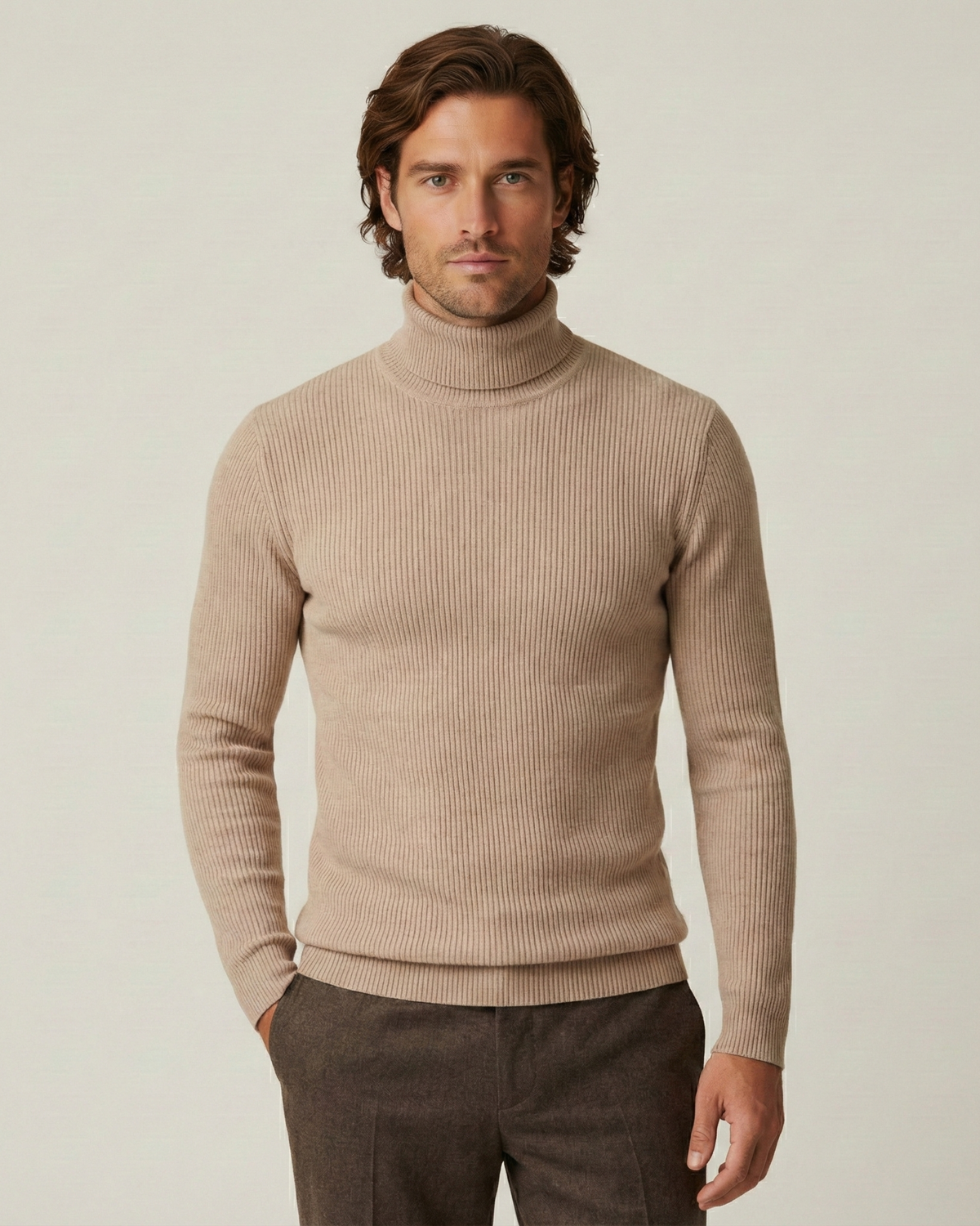 Pull homme col roulé maille côtelée manches longues relief - Tadeo