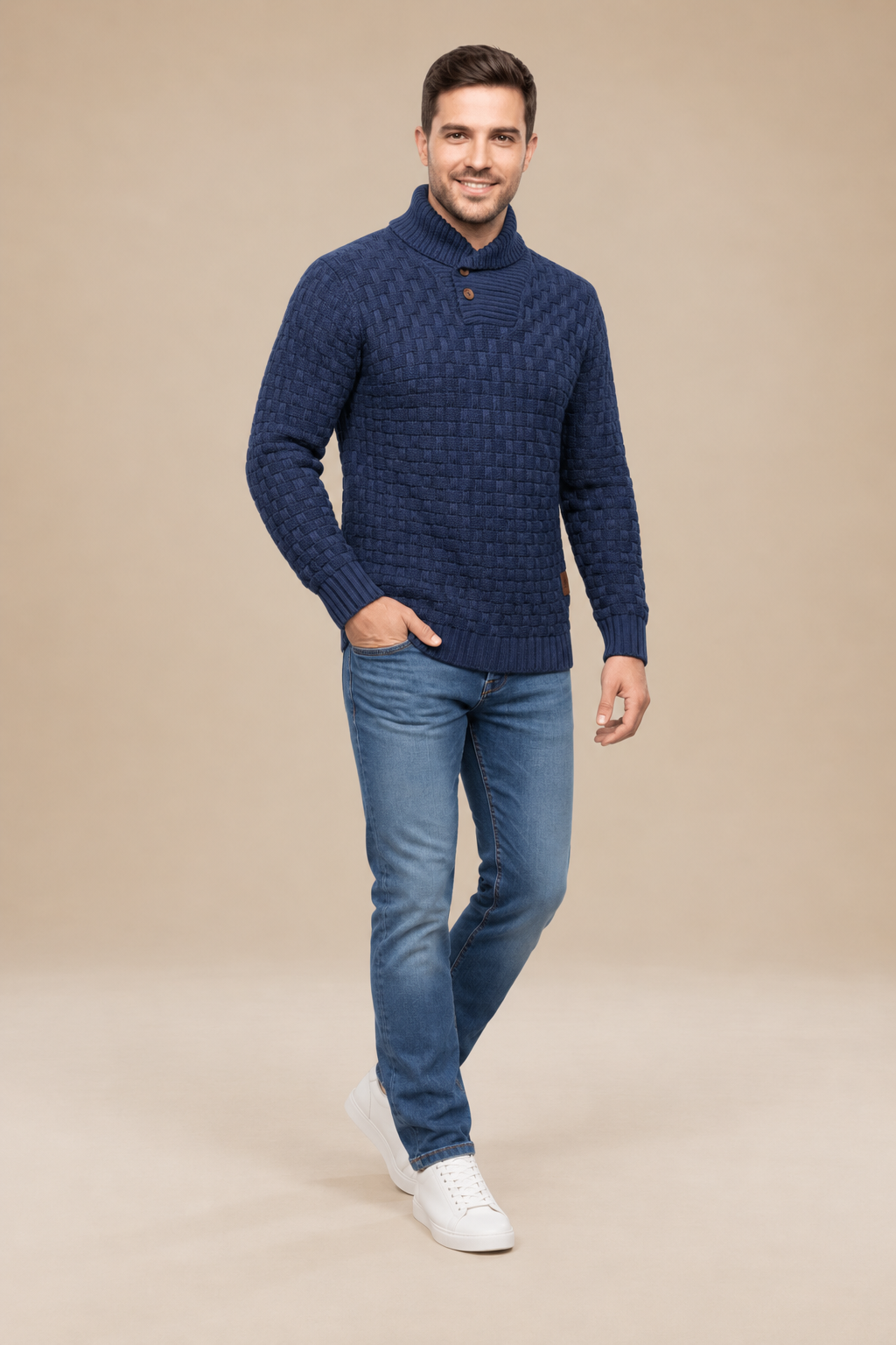 Pull homme col châle boutons maille texturée relief - Hadrian