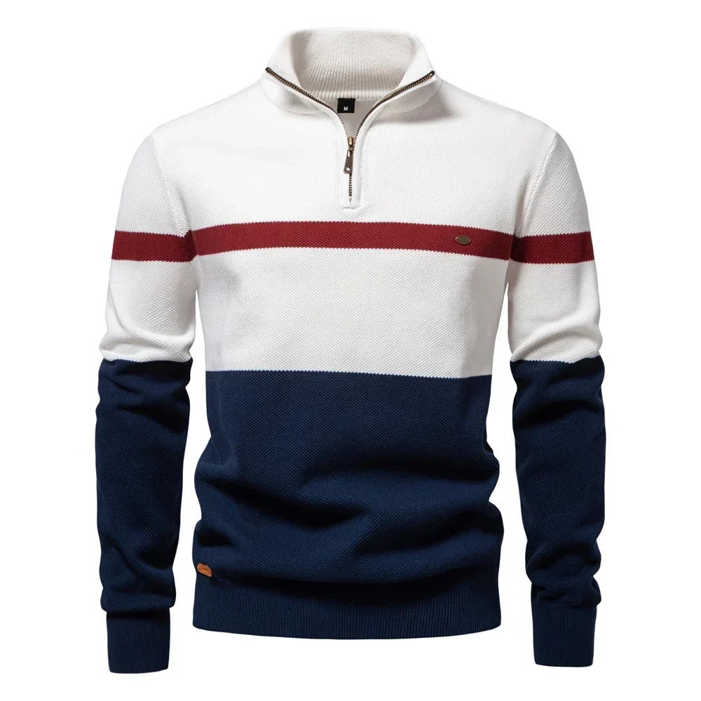 Pull homme maille demi-zip rayures col montant chaud - Aurel