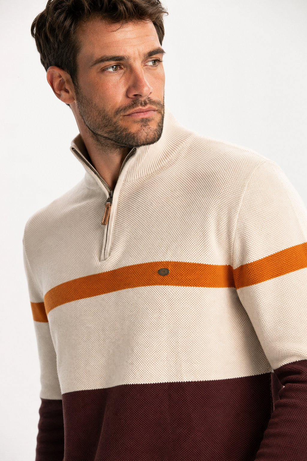 Pull homme maille demi-zip rayures col montant chaud - Aurel