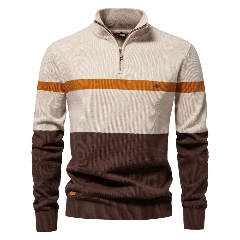 Pull homme maille demi-zip rayures col montant chaud - Aurel