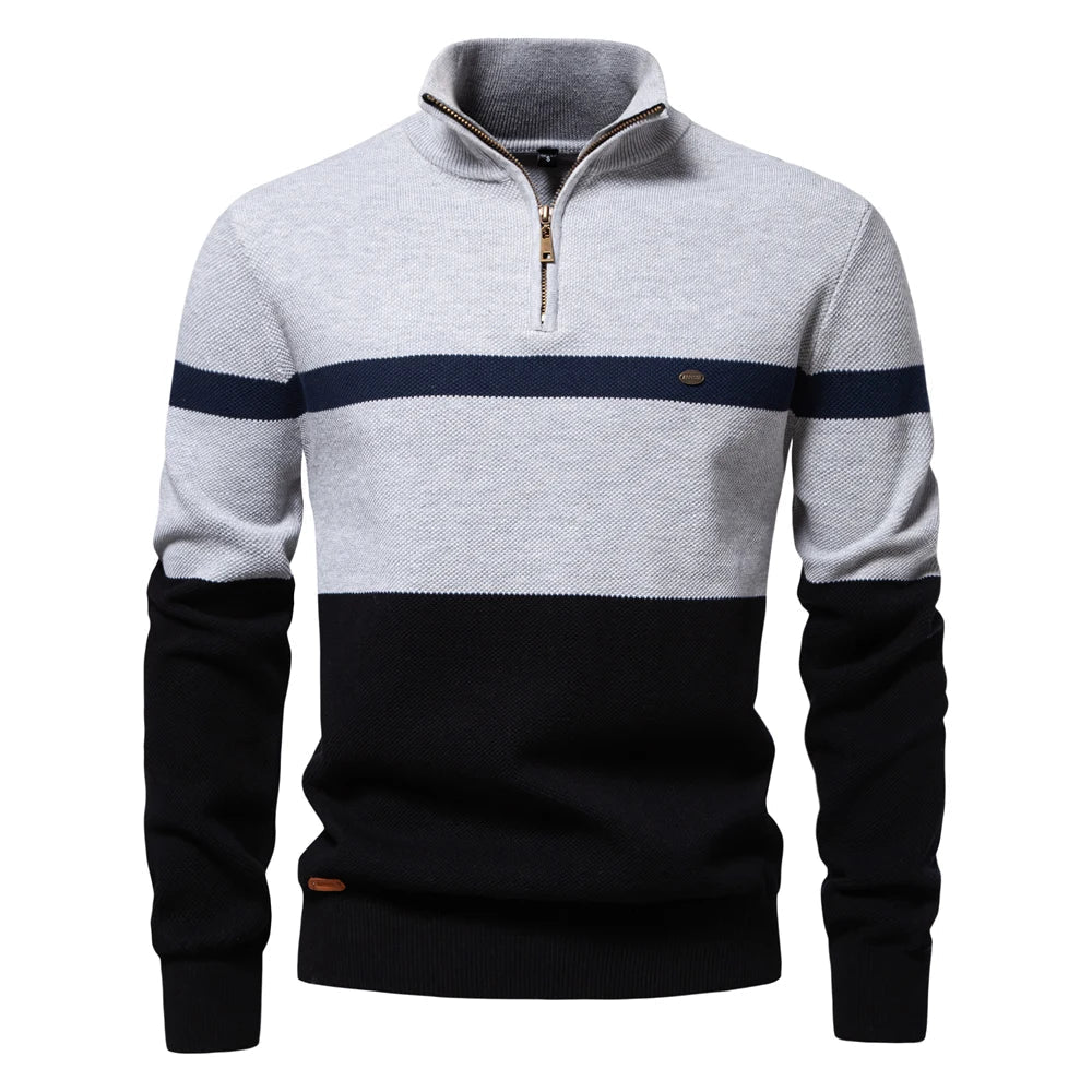 Pull homme maille demi-zip rayures col montant chaud - Aurel
