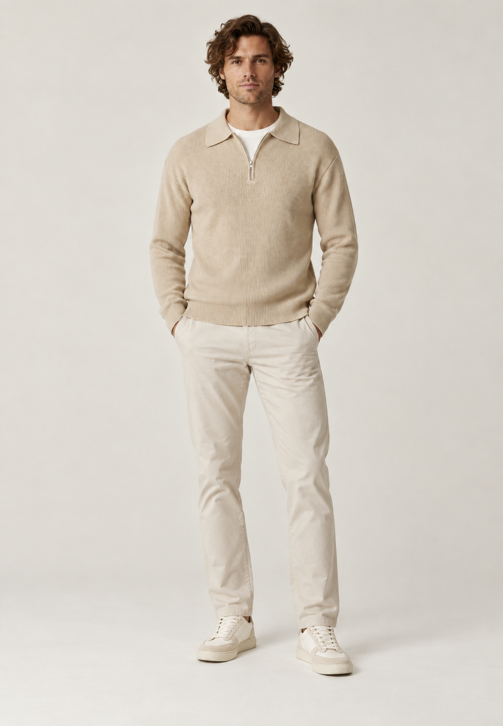 Pull homme col polo demi-zip maille côtelée tricot - Ilan