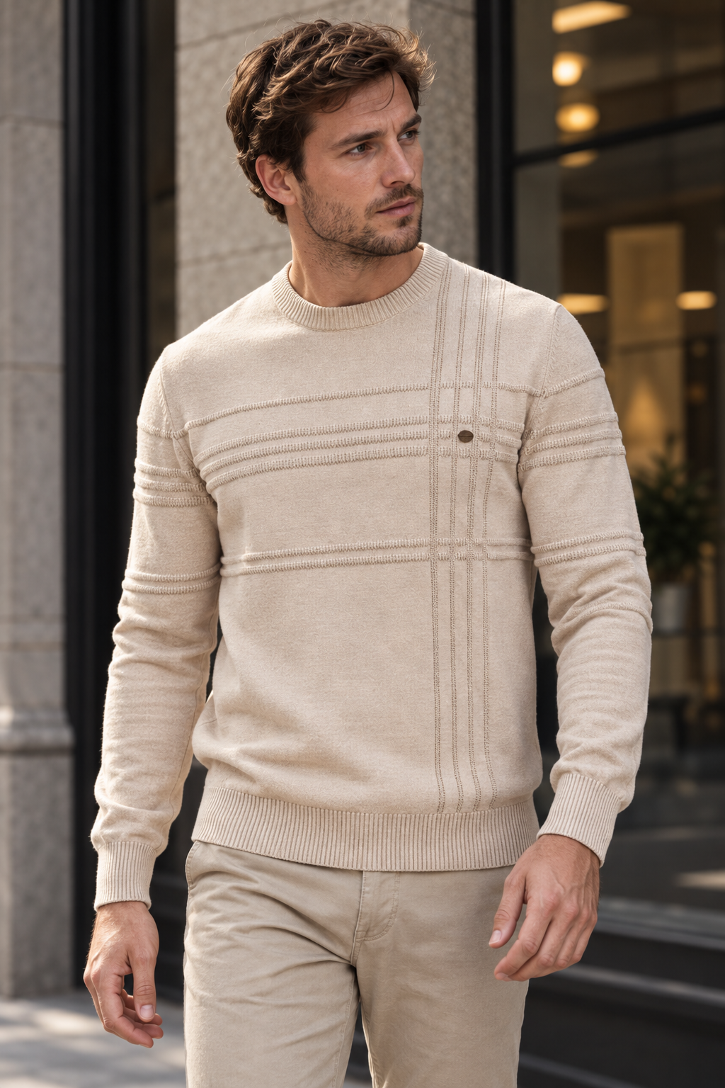 Pull homme col rond maille à carreaux motif tricoté - Simon