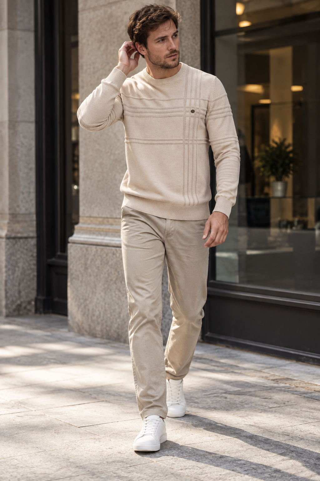 Pull homme col rond maille à carreaux motif tricoté - Simon