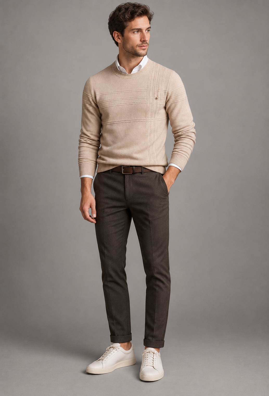 Pull homme col rond maille texturée lignes en relief - Silas
