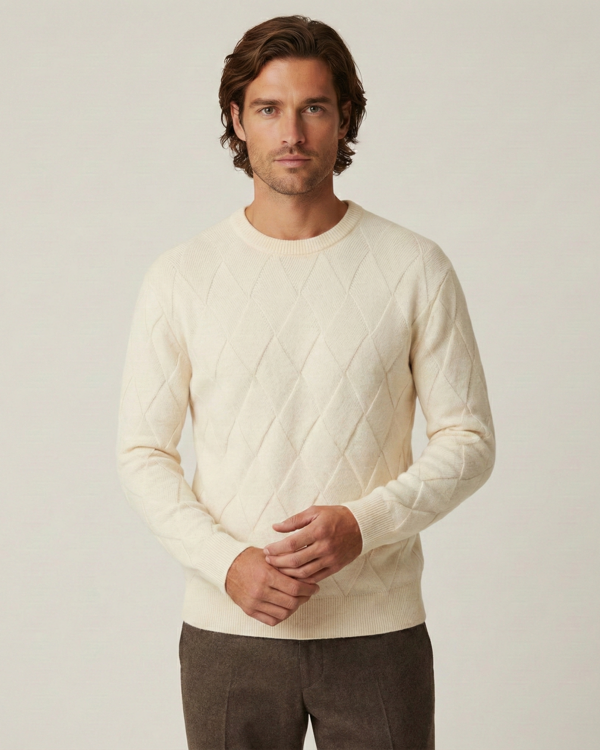 Pull homme col rond motif losanges relief manches longues - Adriel