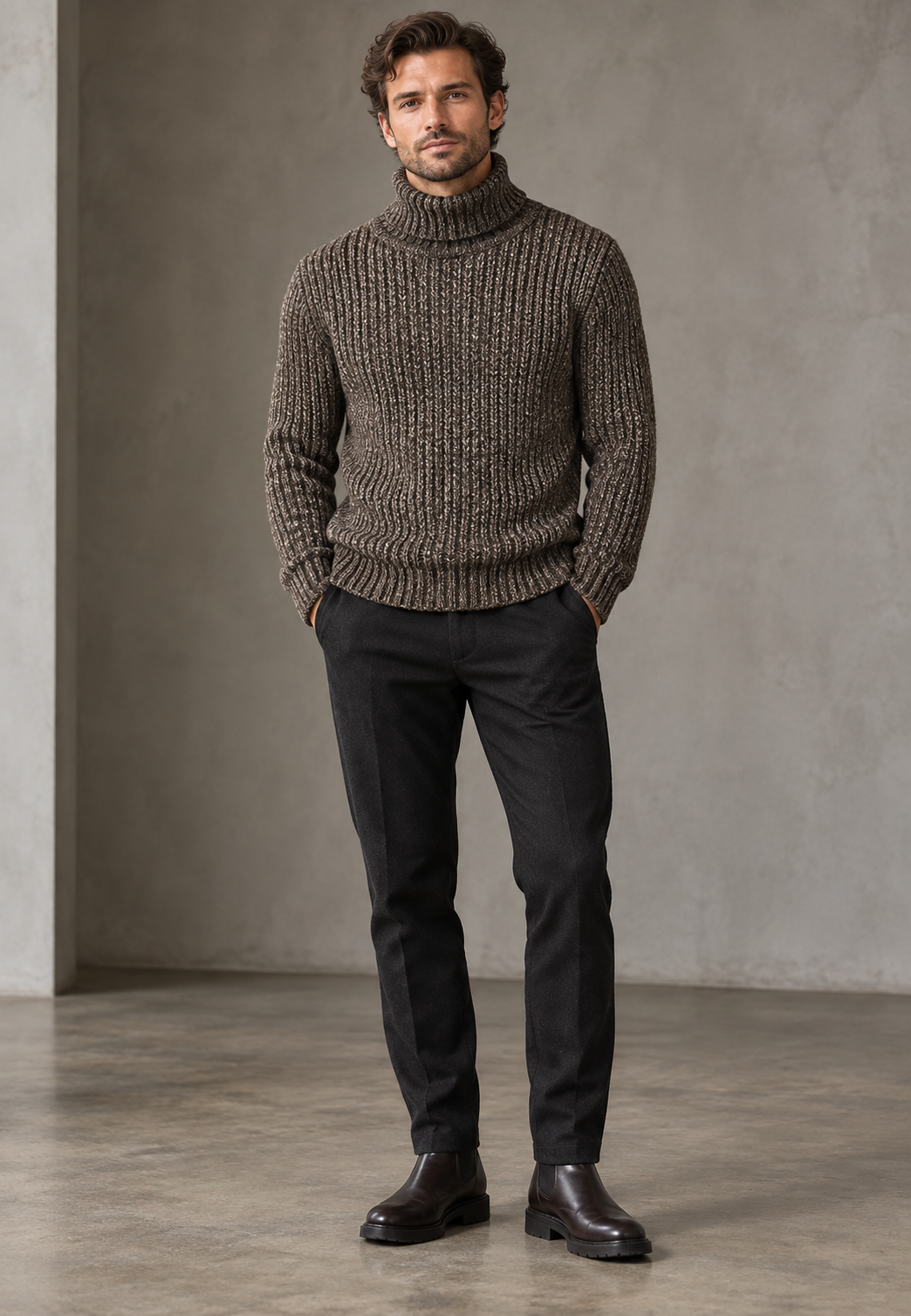 Pull homme col roulé maille côtelée texture marquée chaud - Nereo
