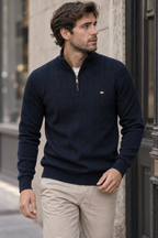 Pull homme demi-zip col montant motif côtelé maille - Mikkel