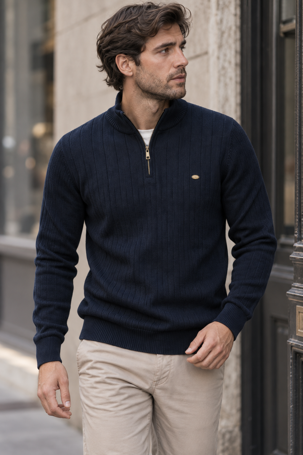 Pull homme demi-zip col montant motif côtelé maille - Mikkel