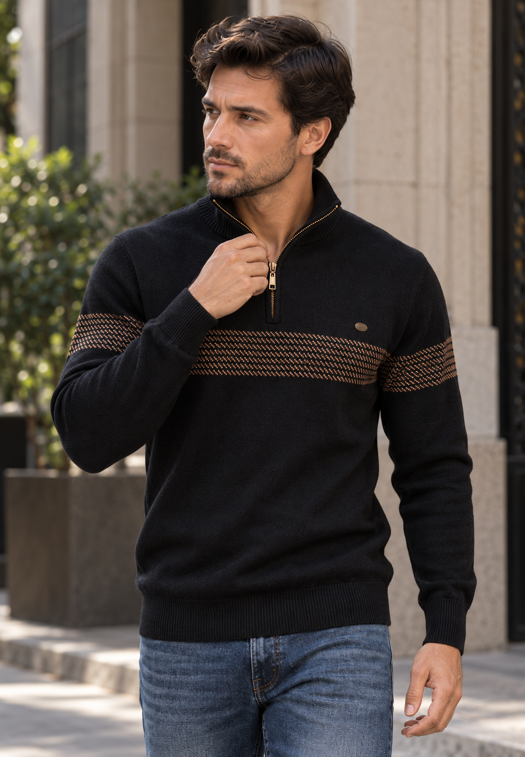 Pull homme demi-zip col montant rayures géométriques - Nolan