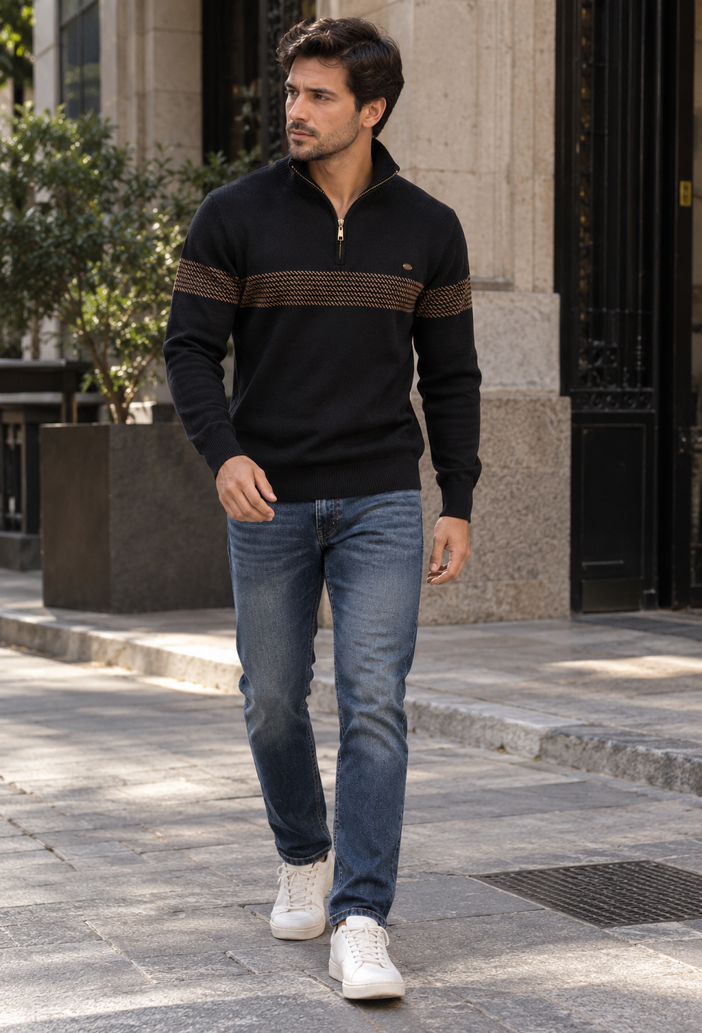 Pull homme demi-zip col montant rayures géométriques - Nolan
