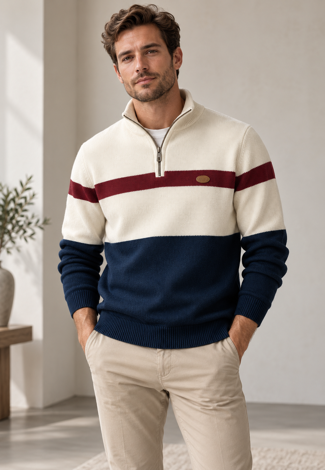 Pull homme demi-zip col montant rayures horizontales maille - Auden