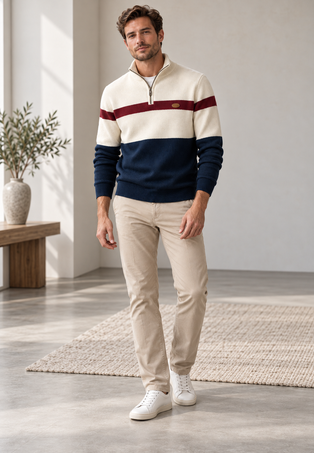 Pull homme demi-zip col montant rayures horizontales maille - Auden