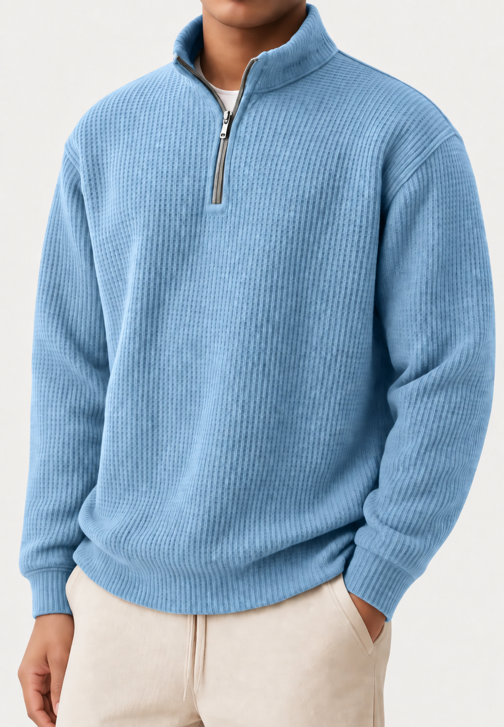 Pull homme demi-zip col montant maille côtelée relief - Elio