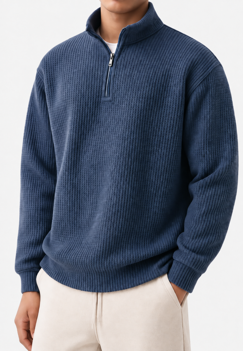 Pull homme demi-zip col montant maille côtelée relief - Elio