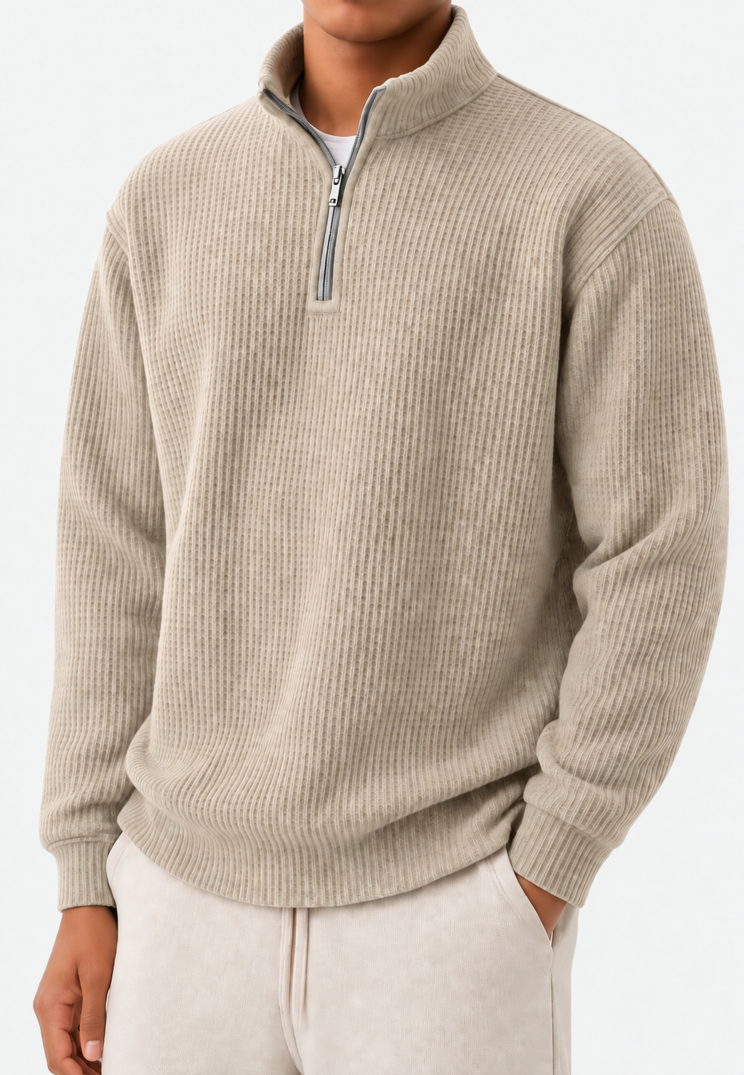 Pull homme demi-zip col montant maille côtelée relief - Elio