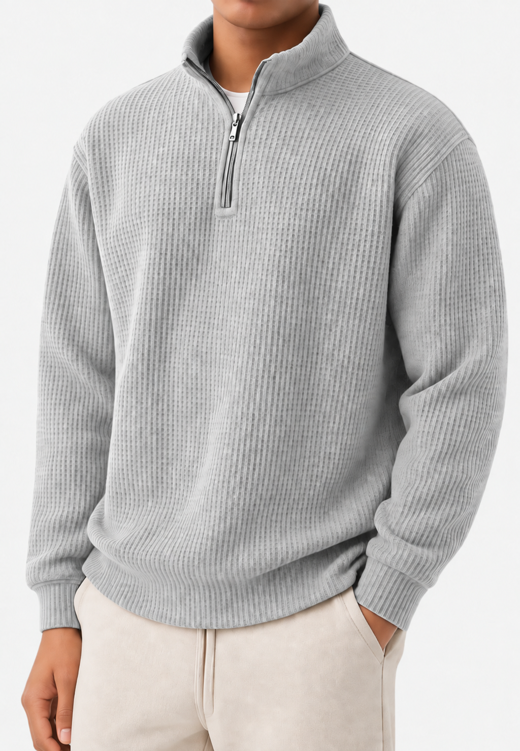 Pull homme demi-zip col montant maille côtelée relief - Elio