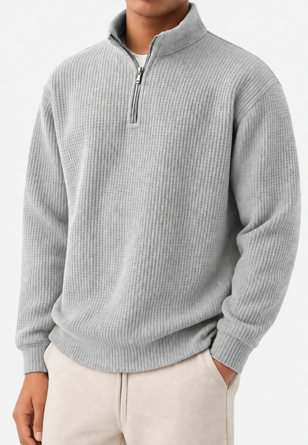 Pull homme demi-zip col montant maille côtelée relief - Elio
