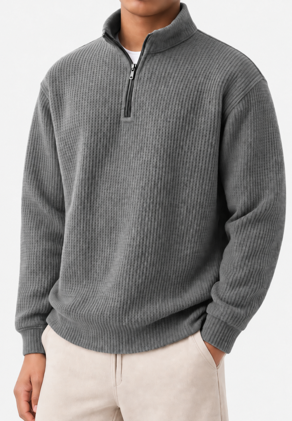 Pull homme demi-zip col montant maille côtelée relief - Elio