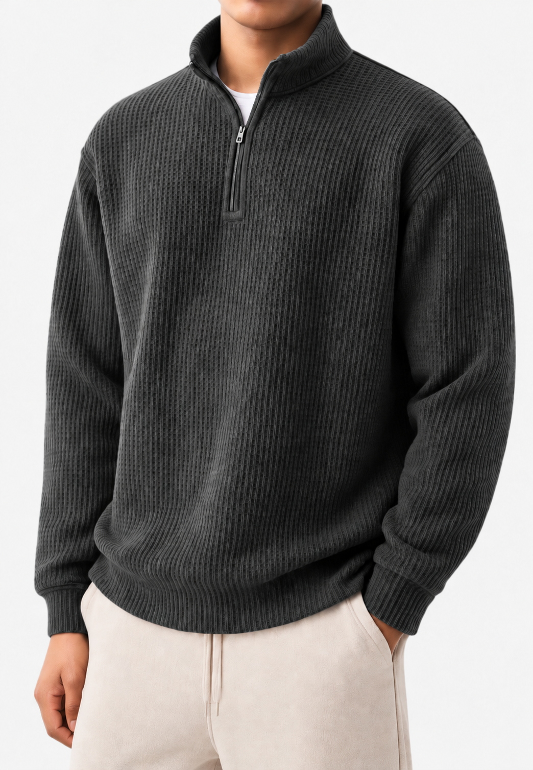 Pull homme demi-zip col montant maille côtelée relief - Elio