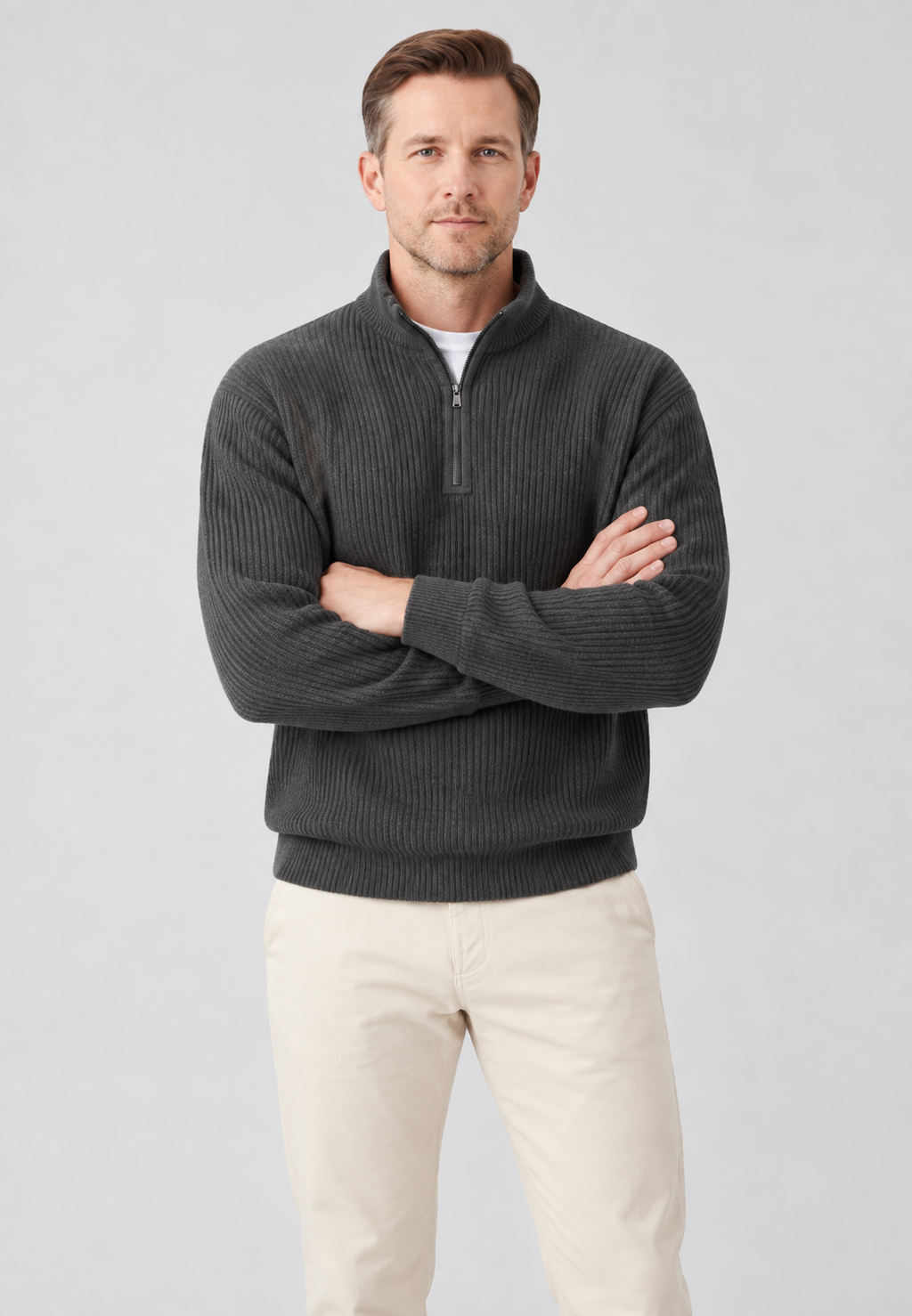 Pull homme demi-zip col montant maille côtelée relief - Elio