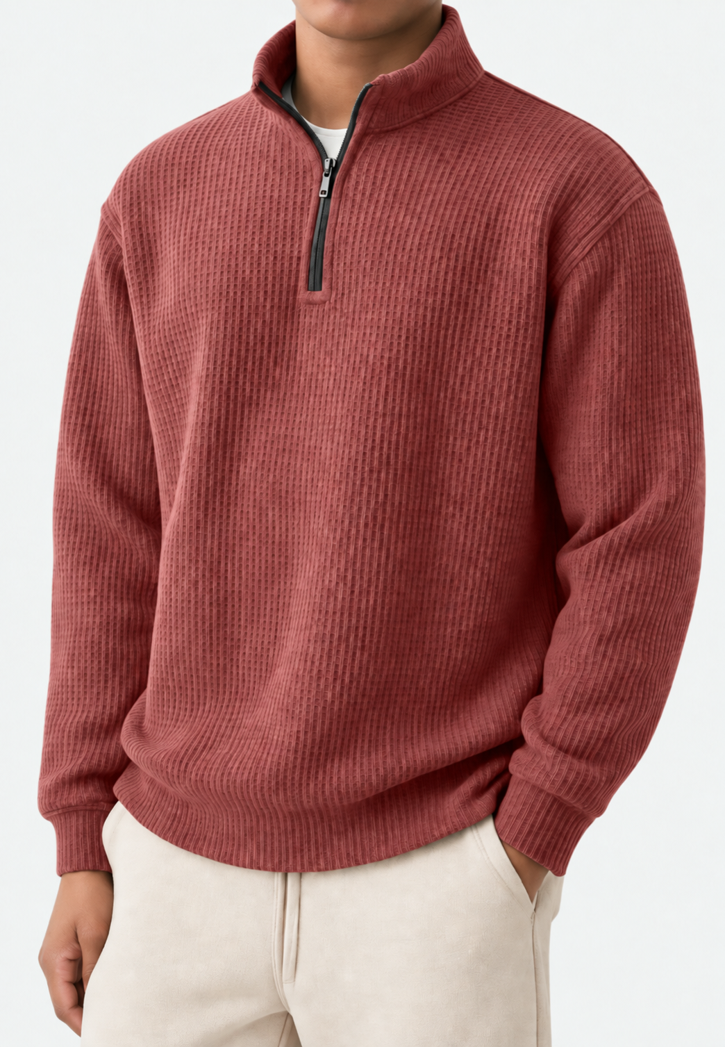 Pull homme demi-zip col montant maille côtelée relief - Elio