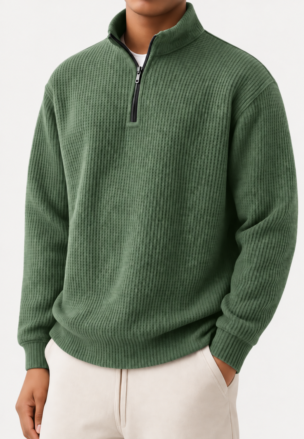 Pull homme demi-zip col montant maille côtelée relief - Elio