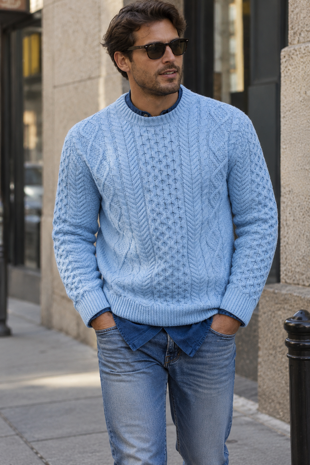 Pull homme maille torsadée col rond manches longues chaud - Bastien