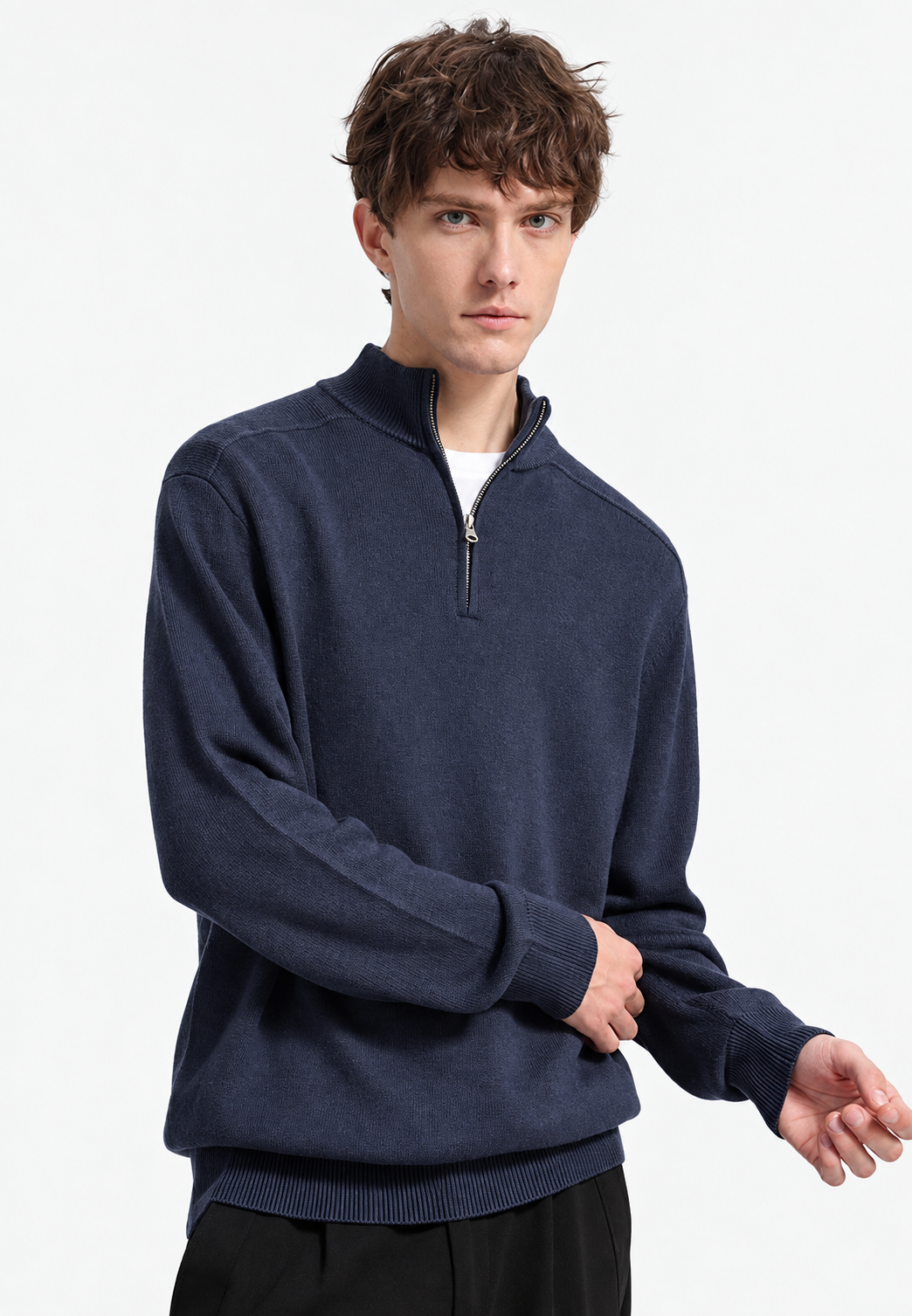 Jersey lana merino hombre media cremallera cuello alto corte recto versátil - Florent