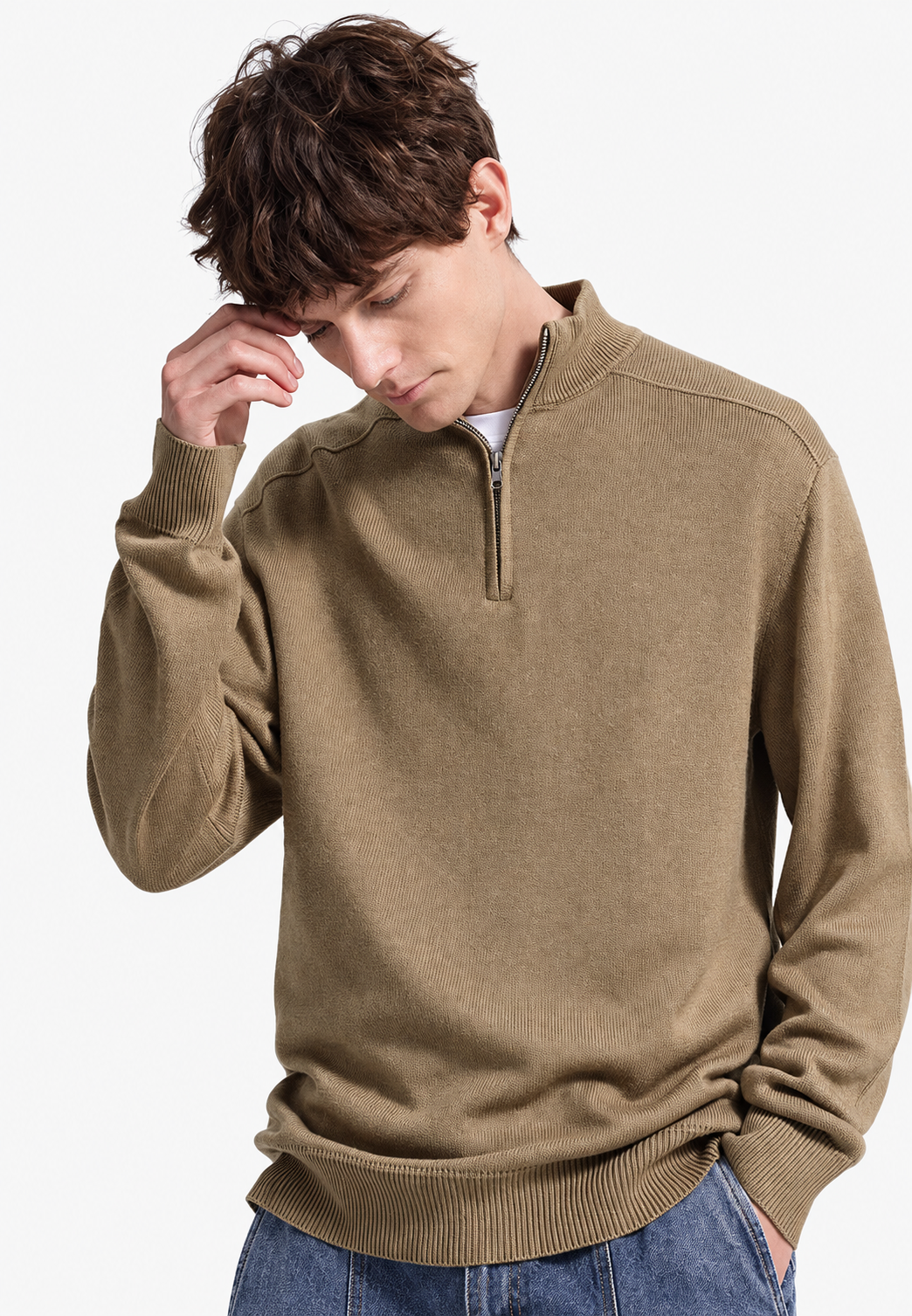 Jersey lana merino hombre media cremallera cuello alto corte recto versátil - Florent