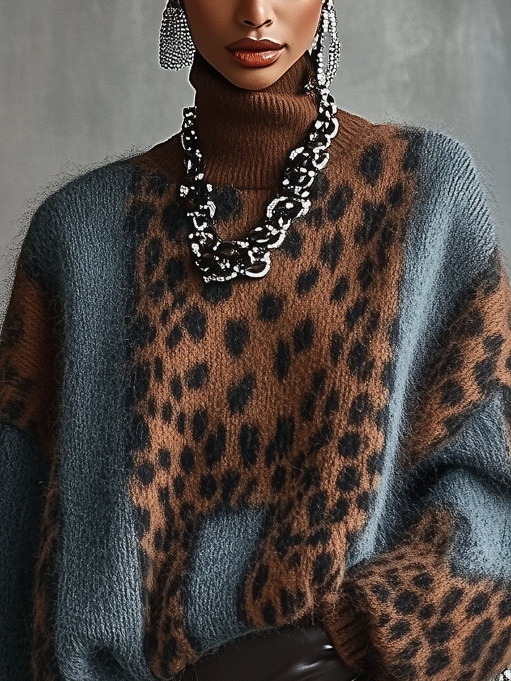 Pull femme col roulé oversize imprimé léopard animalier - Linnea