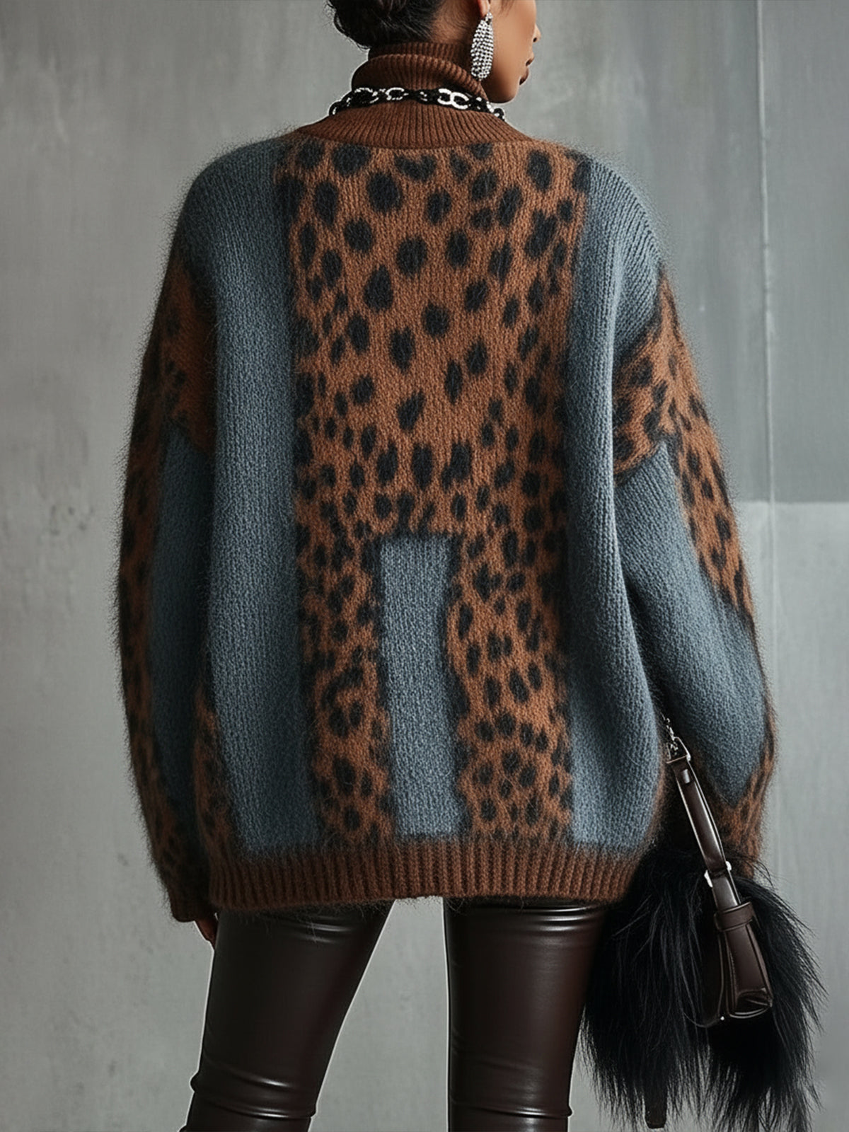 Pull femme col roulé oversize imprimé léopard animalier - Linnea