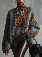 Pull femme col roulé oversize imprimé léopard animalier - Linnea