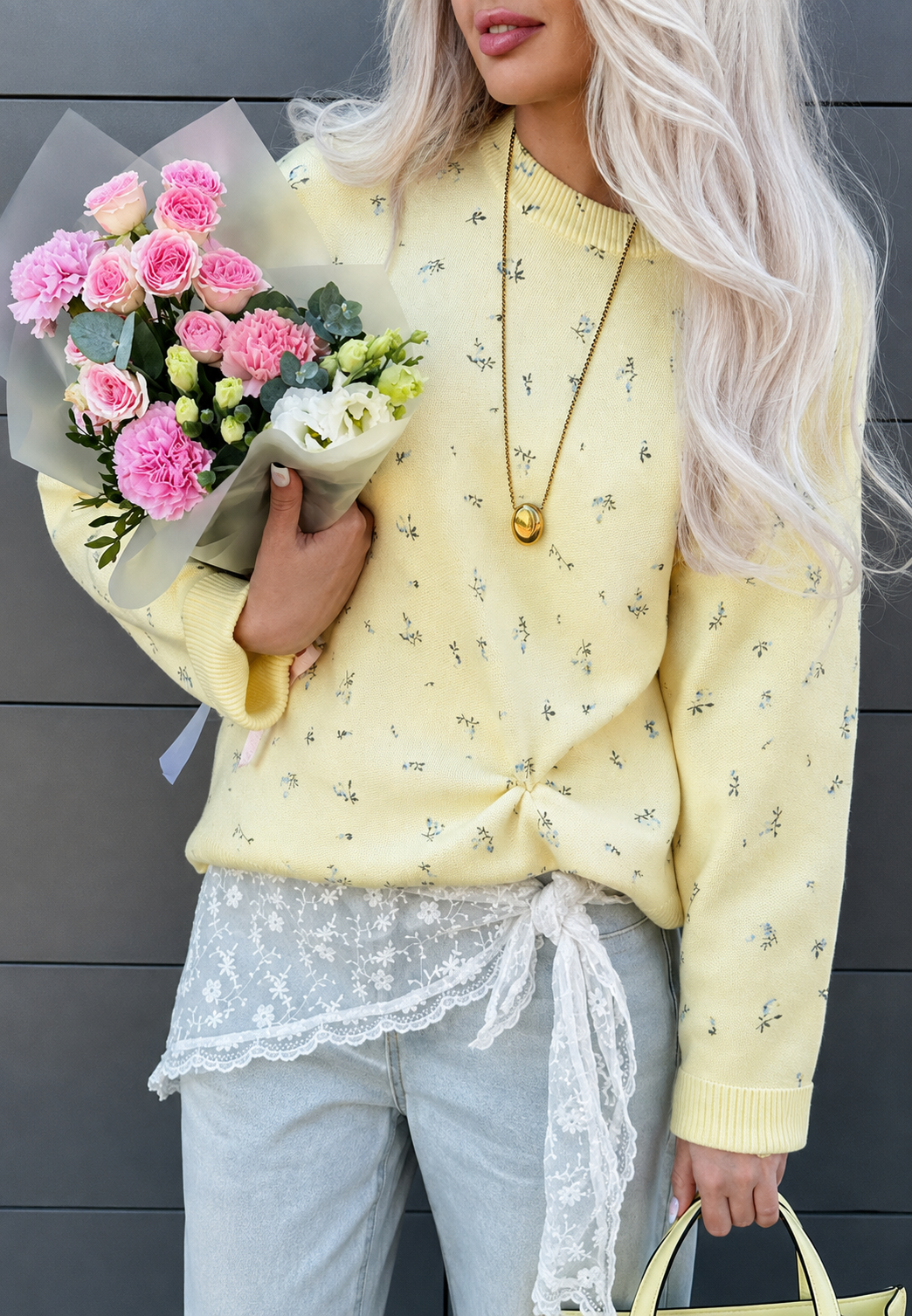 Pull oversize femme motif floral col rond manches longues - Anouk
