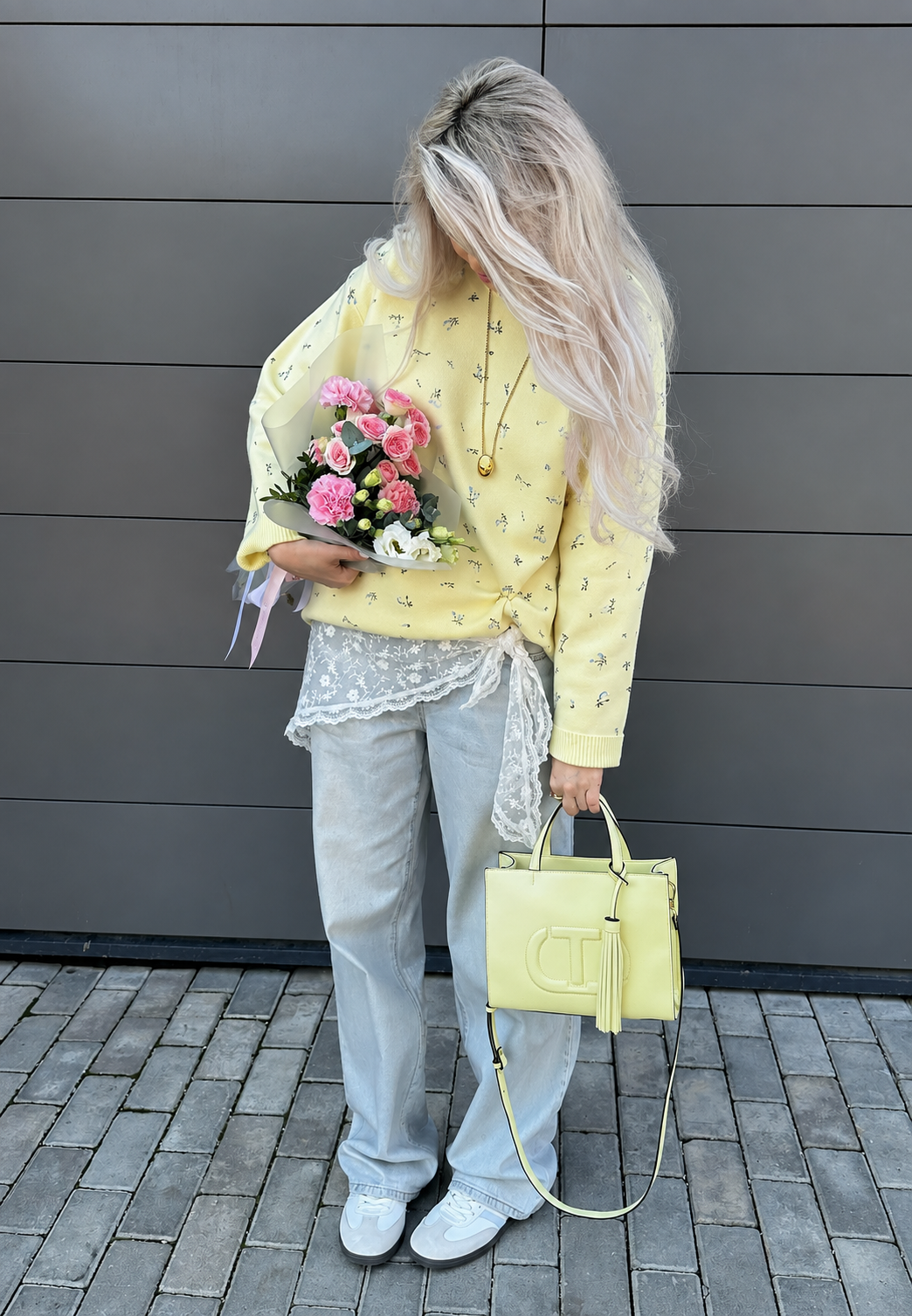 Pull oversize femme motif floral col rond manches longues - Anouk
